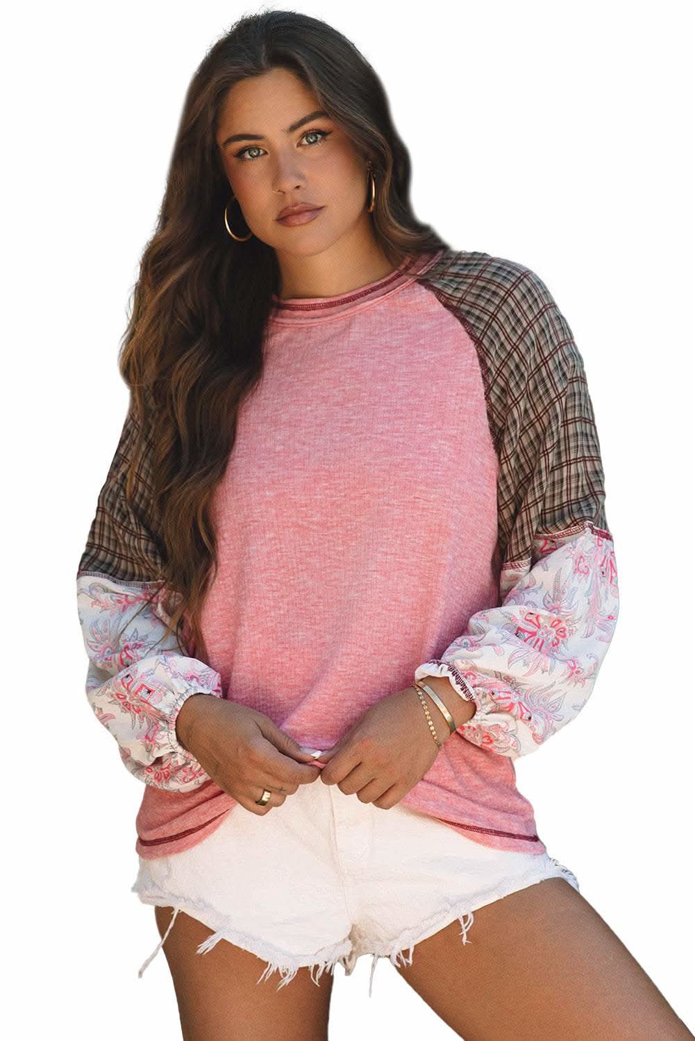 Fushia Mixed Print Patchwork Raglan Ribbed Knit Top - Love Salve